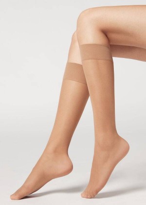 Calzedonia 20 Denier Comfort Cuff Knee-Highs Long Women's Socks Brown | CA 1964JJ