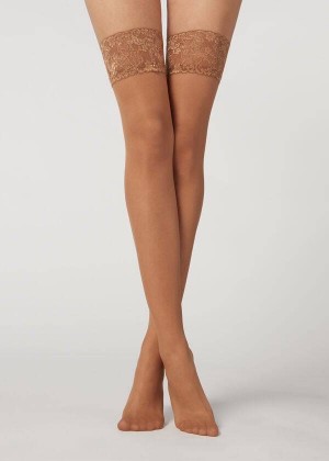 Calzedonia 20 Denier Sheer Thigh-Highs Women's Stockings Beige / Brown | CA 2941MA