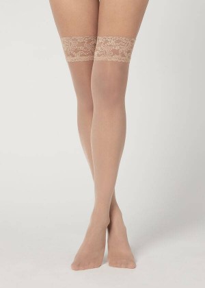 Calzedonia 20 Denier Sheer Thigh-Highs Women's Stockings Beige | CA 2940QZ