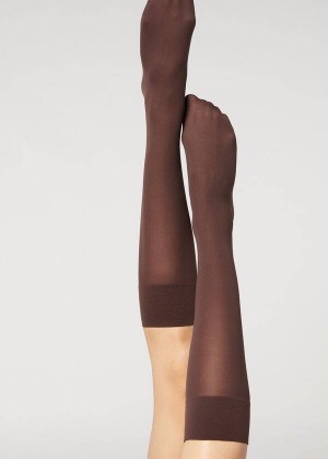 Calzedonia 30 Denier Semi Opaque Microfiber Knee-Highs Long Women's Socks Coffee | CA 1959SO