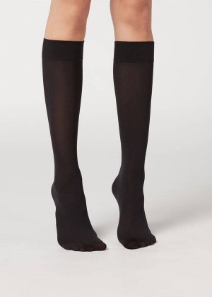 Calzedonia 30 Denier Semi Opaque Microfiber Knee-Highs Long Women's Socks Black | CA 1956OR