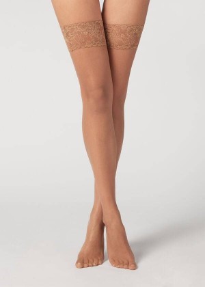 Calzedonia 8 Denier Ultra Sheer Thigh-Highs Women's Stockings Brown | CA 2934UT