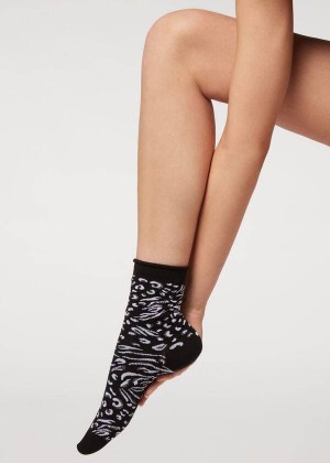 Calzedonia Animal Print Short Women's Socks Black | CA 1856DN