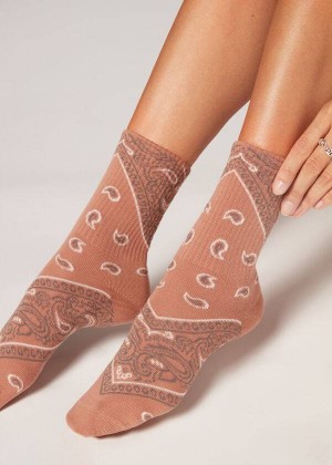 Calzedonia Bandana Pattern Short Women's Socks Beige | CA 1843MA