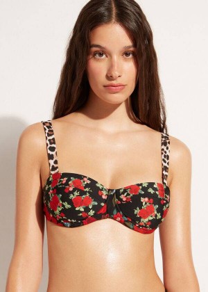 Calzedonia Bandeau Lightly Padded Nizza Women's Bikini Tops Pink / Black | CA 2497AP