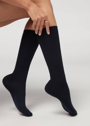 Calzedonia Cashmere Blend 3/4 Long Women's Socks Blue | CA 1955IS