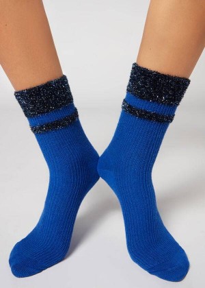 Calzedonia Cashmere Short with Glitter Trim Women's Socks Blue | CA 1836LH