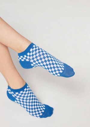 Calzedonia Checkered No-Show Women's Socks Blue | CA 1923WY