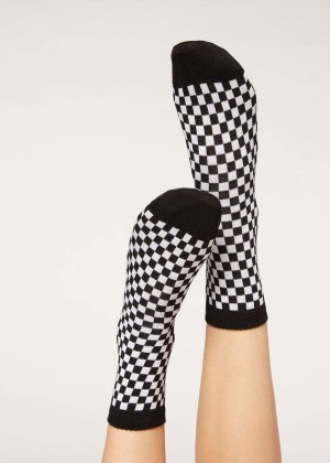 Calzedonia Checkered Pattern Short Women's Socks Black | CA 1828AP