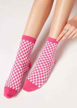 Calzedonia Checkered Pattern Short Women's Socks Pink | CA 1827PQ