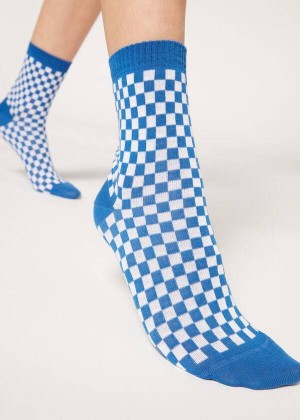 Calzedonia Checkered Pattern Short Women's Socks Blue | CA 1826OR