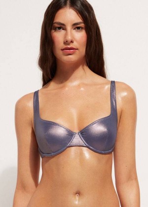 Calzedonia Coated-Effect Balconette Daytona Women's Bikini Tops Blue | CA 2491JJ