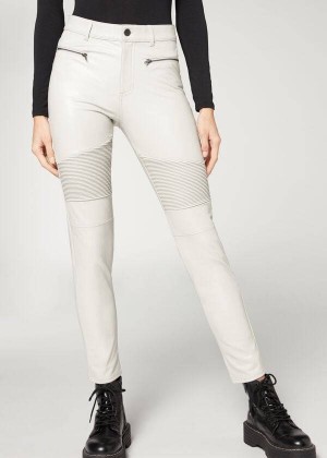 Calzedonia Coated Thermal Skinny Biker Women's Leggings White | CA 1560EX