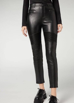 Calzedonia Coated Thermal Skinny Biker Women's Pants Black | CA 1469HK