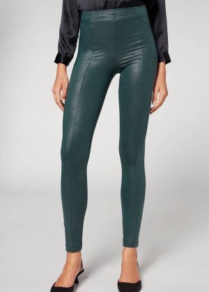 Calzedonia Coated Total Shaper Biker Women's Leggings Green | CA 1558QZ