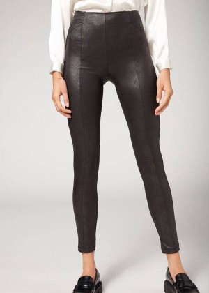 Calzedonia Coated Total Shaper Biker Women's Leggings Black | CA 1557MA