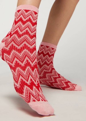 Calzedonia Colorful Chevron Motif Short Women's Socks Red | CA 1810LH