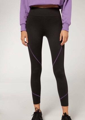 Calzedonia Contrast Seam Performance Athletic Women's Leggings Black / Purple | CA 1556NB