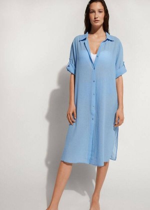 Calzedonia Cotton Maxi Shirt Women's Cover Ups Blue | CA 2122LH