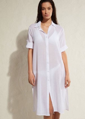 Calzedonia Cotton Maxi Shirt Women's Cover Ups White | CA 2121KI