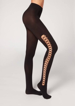 Calzedonia Crisscross Cut-Out Opaque 90 Denier Patterned Women's Tight Black | CA 3101IS