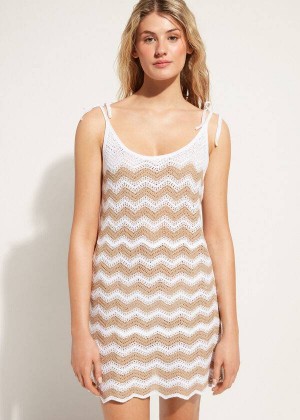 Calzedonia Crochet Dress with Chevron Motif Women's Cover Ups White / Beige | CA 2119HK