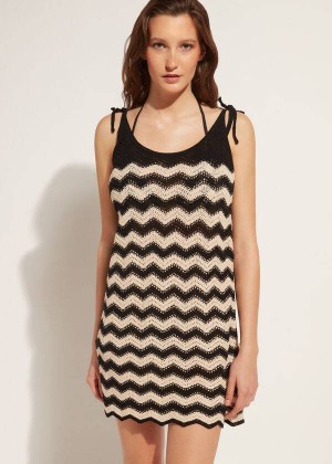 Calzedonia Crochet Dress with Chevron Motif Women's Cover Ups Black / Beige | CA 2118GL