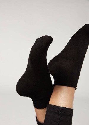 Calzedonia Cuffless Short in Cotton Women's Socks Black | CA 1802AP