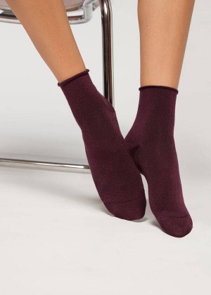 Calzedonia Cuffless Short with Glitter Women's Socks Burgundy | CA 1791MA