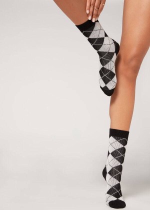 Calzedonia Diamond-Pattern Cashmere Short Women's Socks Black / White | CA 1784LH