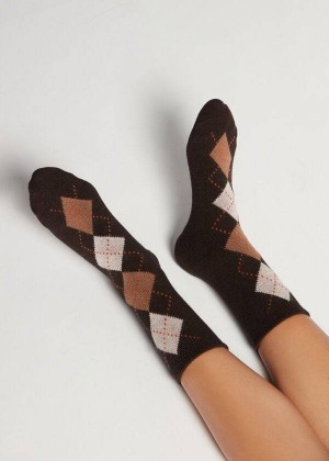 Calzedonia Diamond-Pattern Cashmere Short Women's Socks Coffee | CA 1783KI