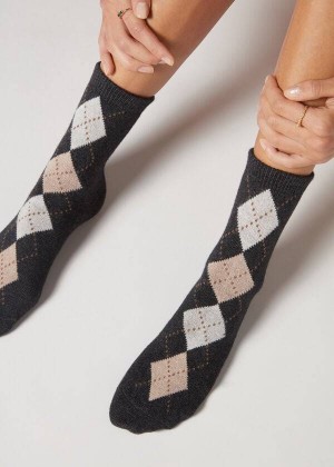 Calzedonia Diamond-Pattern Cashmere Short Women's Socks Grey | CA 1782JJ