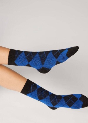 Calzedonia Diamond-Pattern Cashmere Short Women's Socks Black / Blue | CA 1781HK