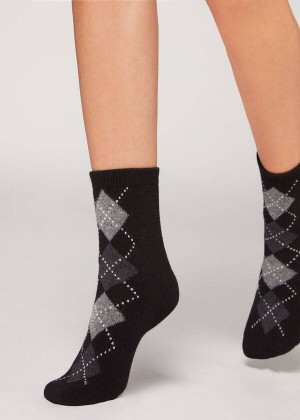 Calzedonia Diamond-Pattern Cashmere Short Women's Socks Black / Grey | CA 1780GL