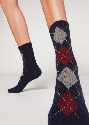 Calzedonia Diamond-Pattern Cashmere Short Women's Socks Blue / Red | CA 1779FM