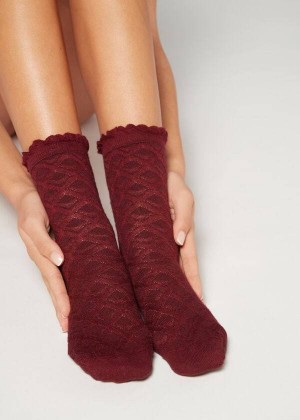 Calzedonia Diamond-Pattern Cashmere Short Women's Socks Red | CA 1778DN