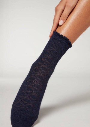 Calzedonia Diamond-Pattern Cashmere Short Women's Socks Navy | CA 1777SO