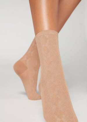 Calzedonia Diamond-Pattern Wool Short Women's Socks Brown | CA 1773IS