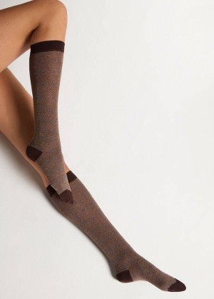 Calzedonia Dot-Pattern Long Women's Socks Brown | CA 1951RW