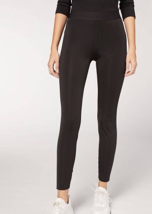 Calzedonia Double Faced Plush Women's Leggings Black | CA 1549KI