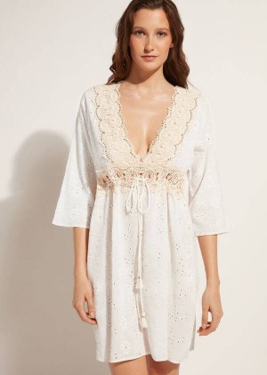 Calzedonia Dress in Sangallo Lace and Sequins Women's Cover Ups White | CA 2114AP