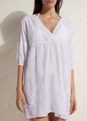 Calzedonia Embroidered Dress Women's Cover Ups White | CA 2113PQ