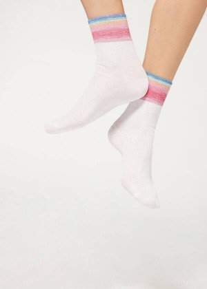 Calzedonia Faded Striped Short with Glitter Women's Socks White | CA 1760XF