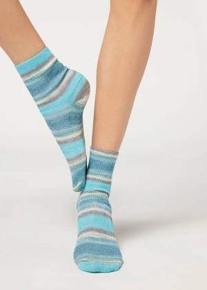 Calzedonia Faded Striped Short with Glitter Women's Socks Blue | CA 1758LH