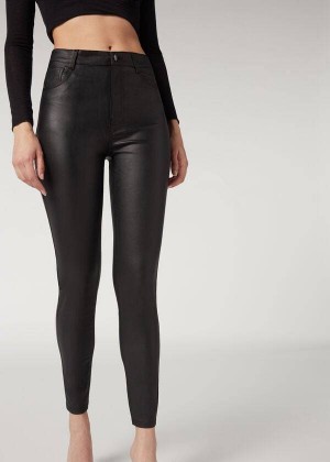 Calzedonia Faux Leather Skinny Women's Jeans Black | CA 1599HK