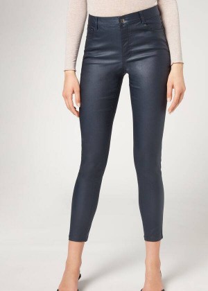 Calzedonia Faux Leather Skinny Women's Leggings Navy | CA 1547HK