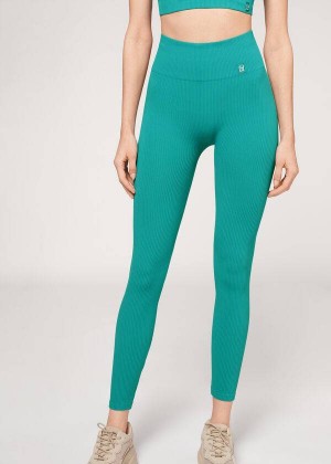 Calzedonia Fine Ribbed Seamless Sport Women's Leggings Turquoise | CA 1545FM