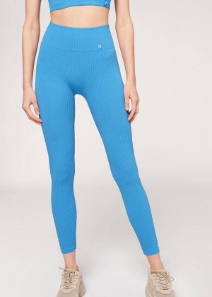 Calzedonia Fine Ribbed Seamless Sport Women's Leggings Blue | CA 1544DN