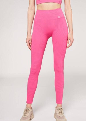 Calzedonia Fine Ribbed Seamless Sport Women's Leggings Pink | CA 1543SO