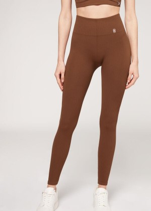 Calzedonia Fine Ribbed Seamless Sport Women's Leggings Brown | CA 1542AP